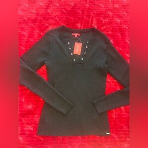 Guess Black Long-Sleeve Ribbed Knit Top with Grommet V-Notch